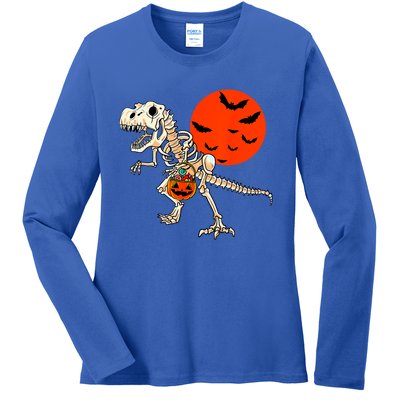 Scary Dinosaur Halloween Costume Trex Skeleton Pumpkin Moon Gift Ladies Long Sleeve Shirt