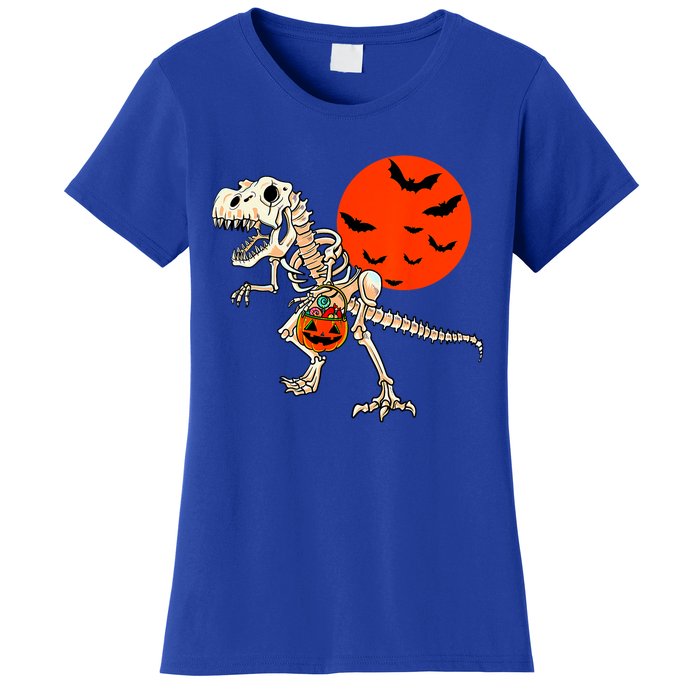 Scary Dinosaur Halloween Costume Trex Skeleton Pumpkin Moon Gift Women's T-Shirt