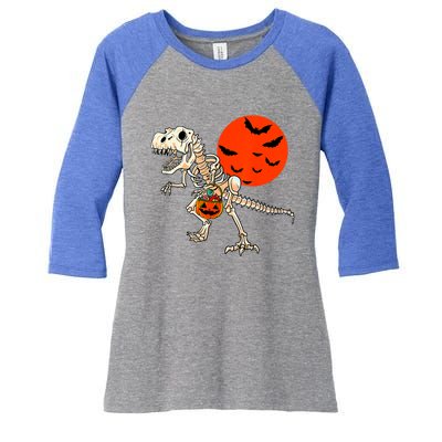 Scary Dinosaur Halloween Costume Trex Skeleton Pumpkin Moon Gift Women's Tri-Blend 3/4-Sleeve Raglan Shirt