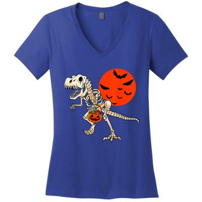 Scary Dinosaur Halloween Costume Trex Skeleton Pumpkin Moon Gift Women's V-Neck T-Shirt