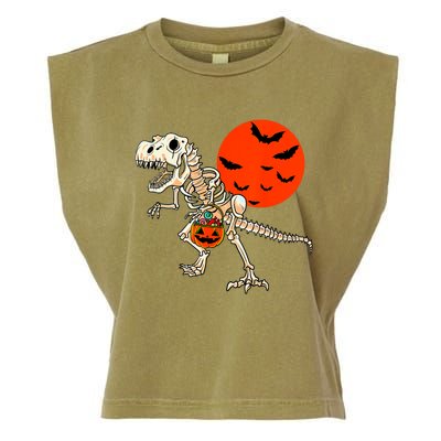 Scary Dinosaur Halloween Costume Trex Skeleton Pumpkin Moon Gift Garment-Dyed Women's Muscle Tee