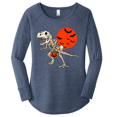 Scary Dinosaur Halloween Costume Trex Skeleton Pumpkin Moon Gift Women's Perfect Tri Tunic Long Sleeve Shirt