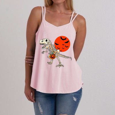 Scary Dinosaur Halloween Costume Trex Skeleton Pumpkin Moon Gift Women's Strappy Tank