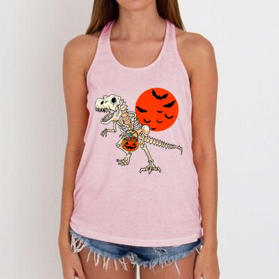 Scary Dinosaur Halloween Costume Trex Skeleton Pumpkin Moon Gift Women's Knotted Racerback Tank