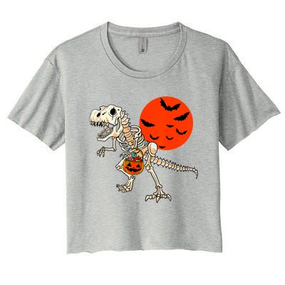 Scary Dinosaur Halloween Costume Trex Skeleton Pumpkin Moon Gift Women's Crop Top Tee