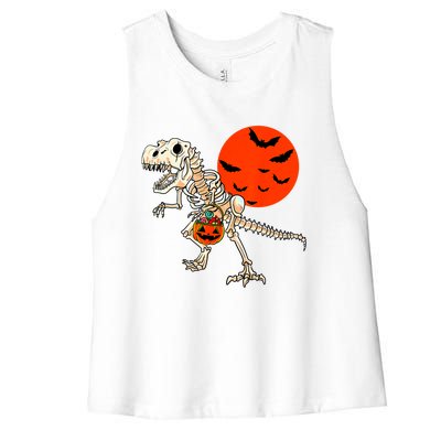 Scary Dinosaur Halloween Costume Trex Skeleton Pumpkin Moon Gift Women's Racerback Cropped Tank