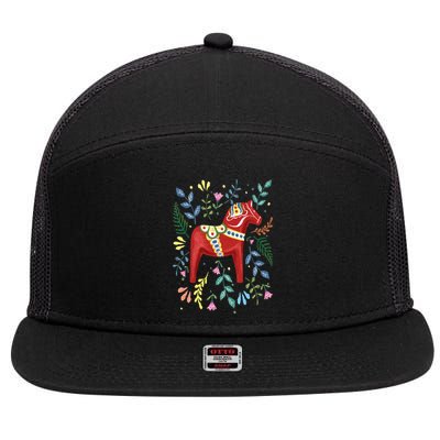Swedish Dala Horse Folk Art Sweden Flag Dalahelmsoljd 7 Panel Mesh Trucker Snapback Hat
