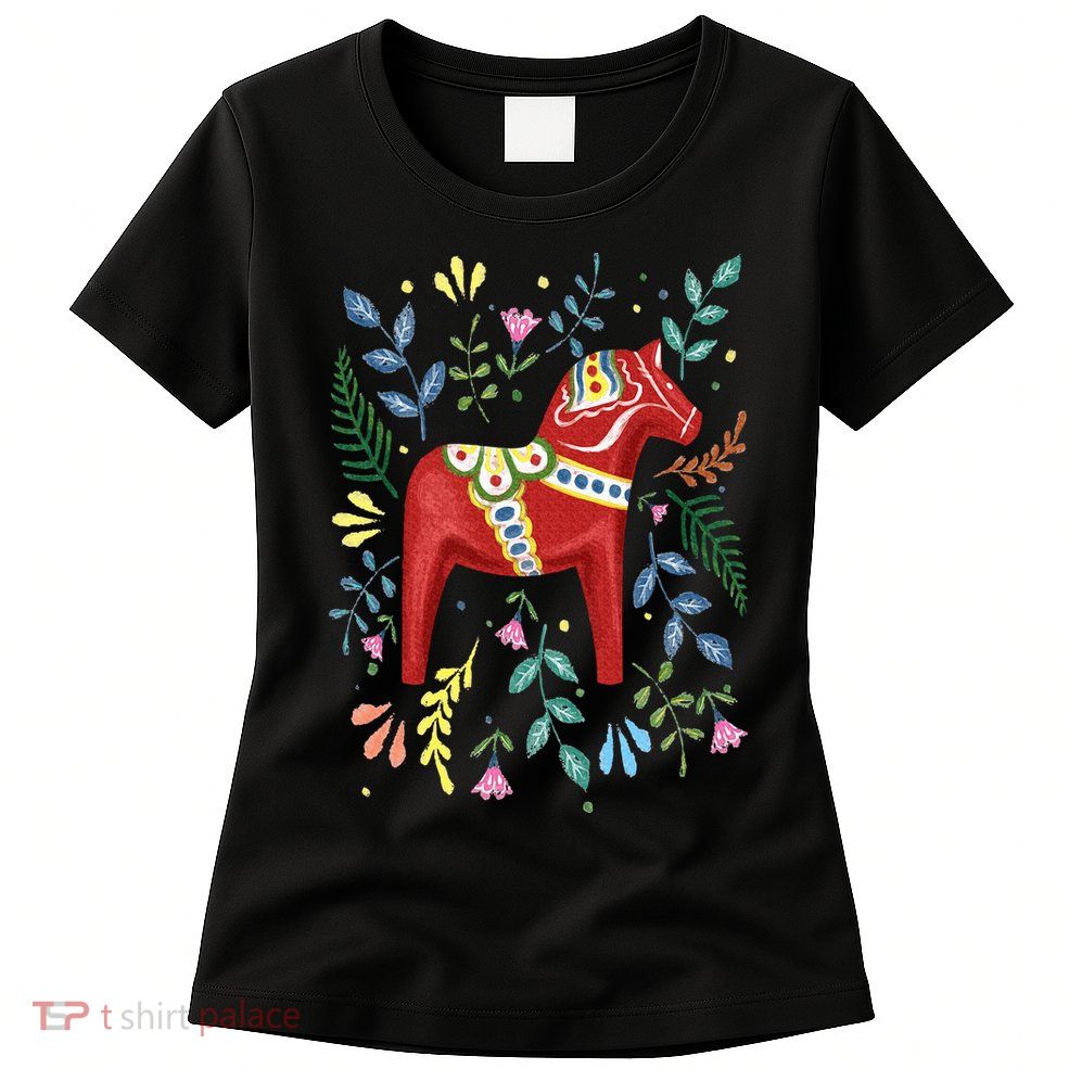 Swedish Dala Horse Folk Art Sweden Flag Dalahelmsoljd Womens T-Shirt