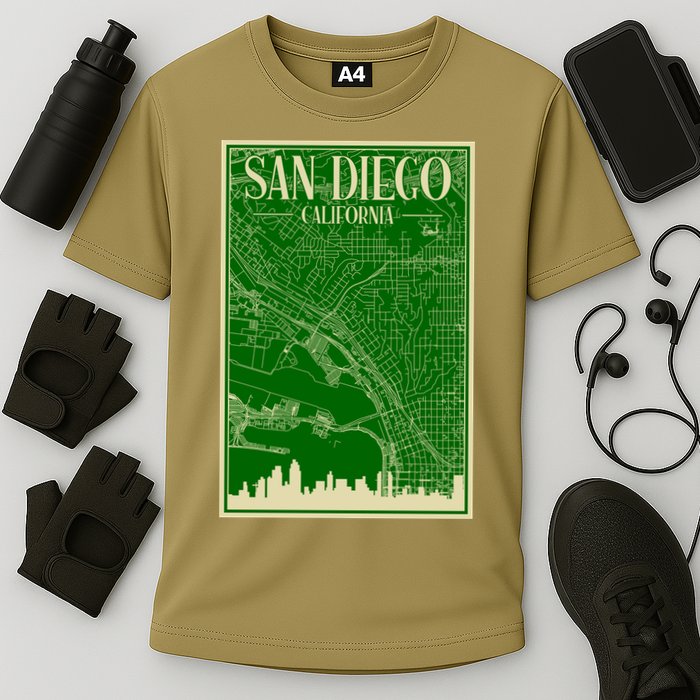 San Diego Hand Drawn Skyline Map Cooling Performance Crew T-Shirt