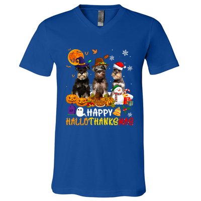 Schnauzer Dog Happy Hallothanksmas Xmas Dog Lover Gift V-Neck T-Shirt