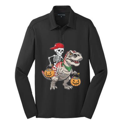 Skeleton Dinosaur Halloween Costume Meaningful Gift Silk Touch Performance Long Sleeve Polo