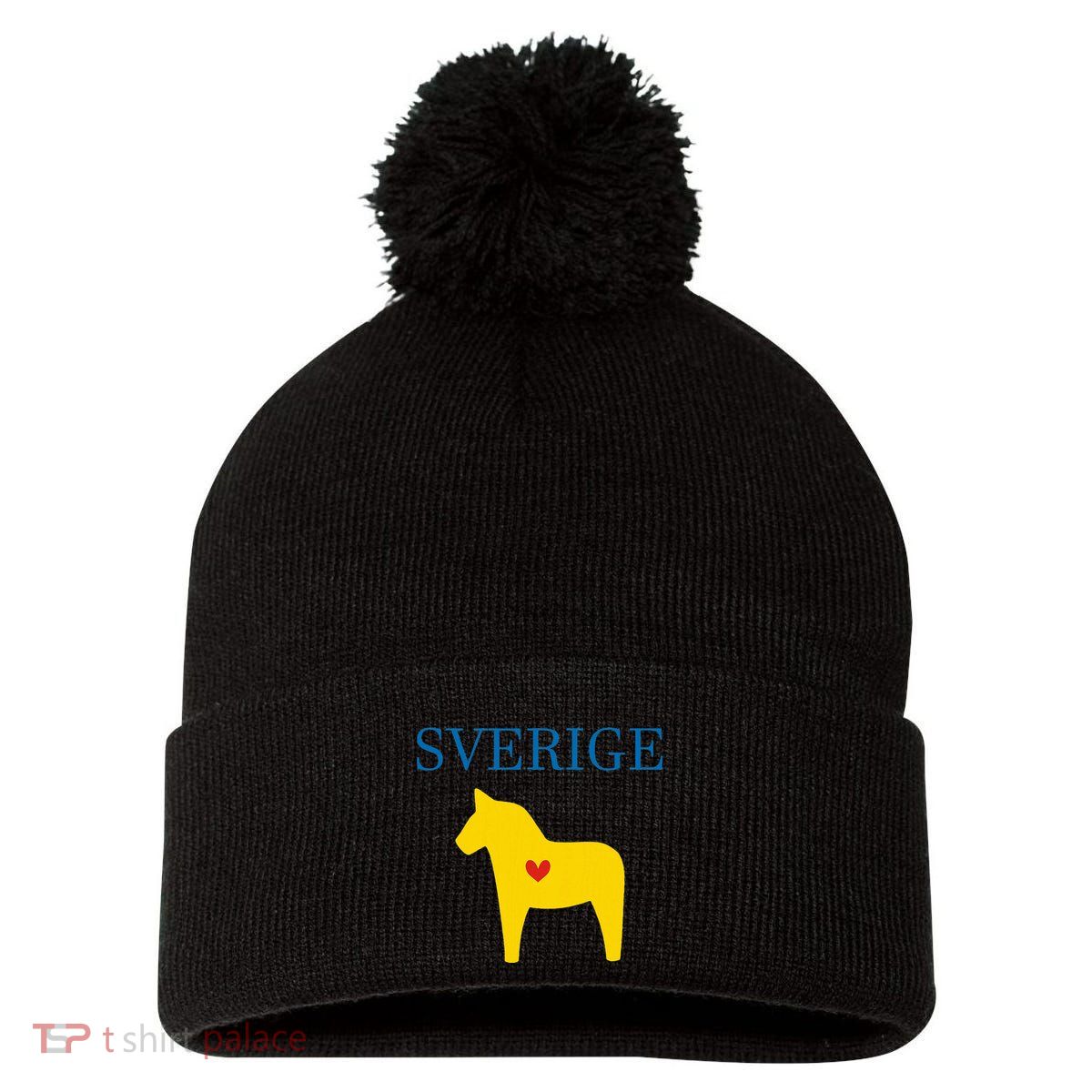 Swedish Dala Horse Midsommar Heart Sverige Pom Pom 12in Knit Beanie
