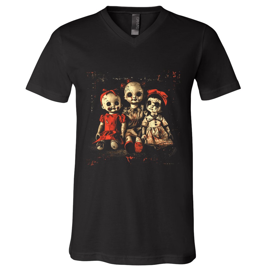 Scary Doll Horror Movie Creepy Haunted Toy Goth Alt Emo V-Neck T-Shirt