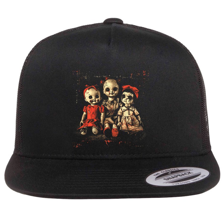 Scary Doll Horror Movie Creepy Haunted Toy Goth Alt Emo Flat Bill Trucker Hat