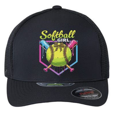 Softball Drip Ice Cream Drip Softball Girl Bow Flexfit Unipanel Trucker Cap