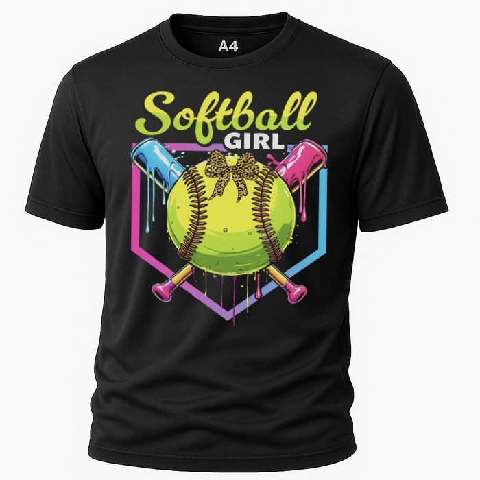 Softball Drip Ice Cream Drip Softball Girl Bow Cooling Performance Crew T-Shirt