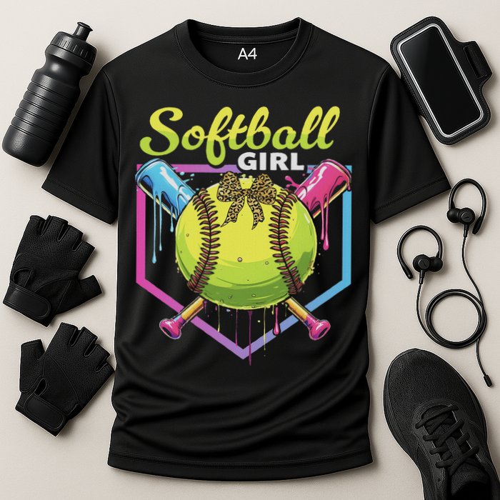 Softball Drip Ice Cream Drip Softball Girl Bow Cooling Performance Crew T-Shirt