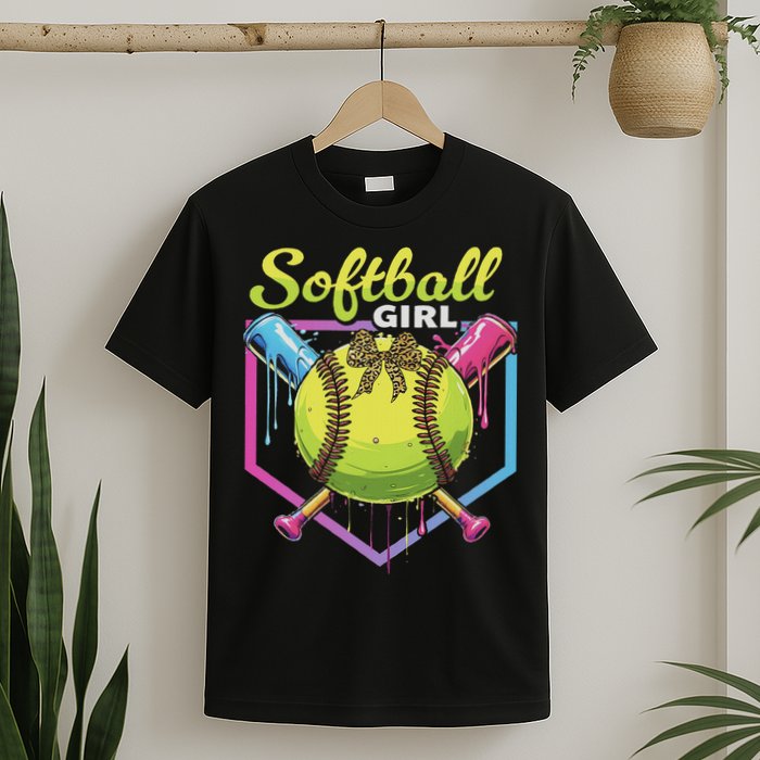 Softball Drip Ice Cream Drip Softball Girl Bow T-Shirt