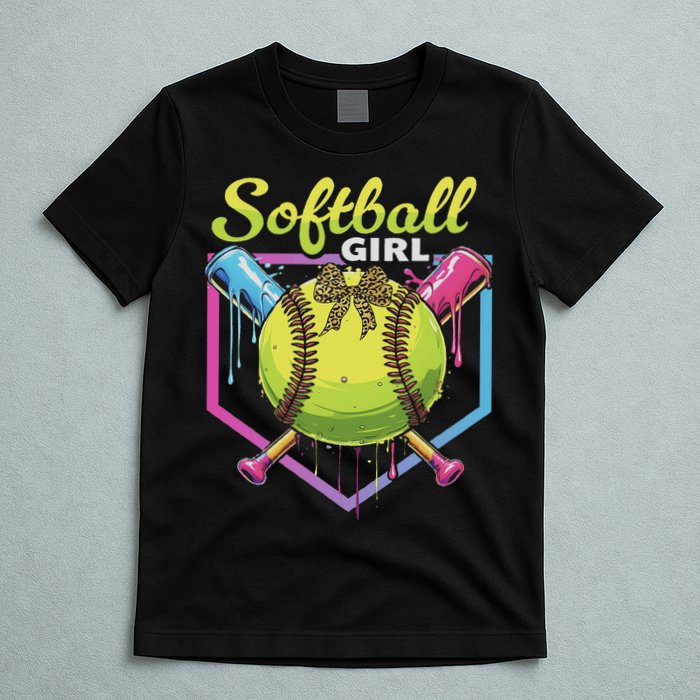 Softball Drip Ice Cream Drip Softball Girl Bow T-Shirt