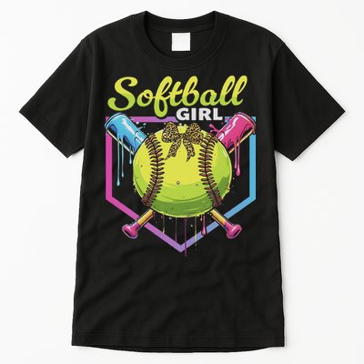 Softball Drip Ice Cream Drip Softball Girl Bow Tall T-Shirt