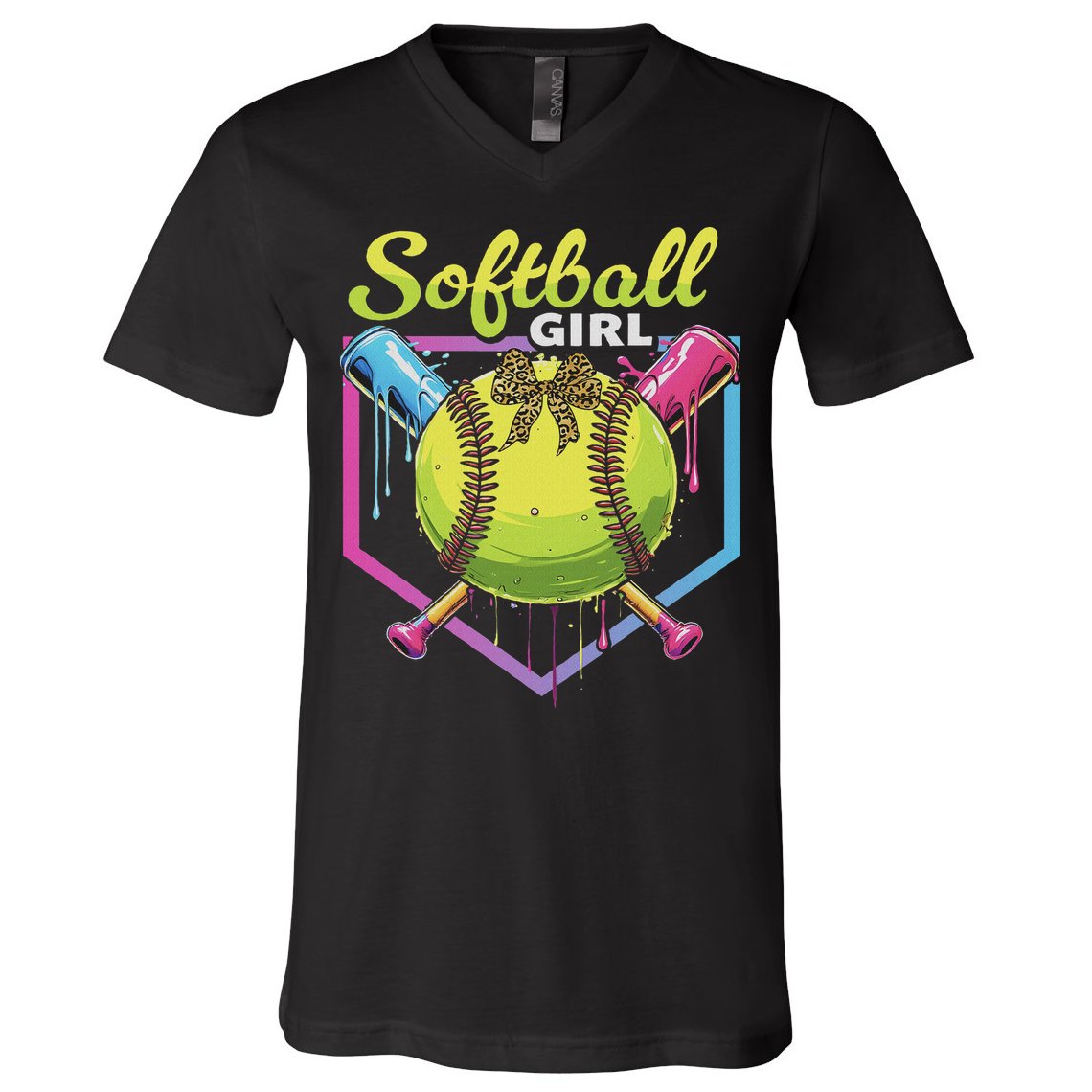 Softball Drip Ice Cream Drip Softball Girl Bow V-Neck T-Shirt