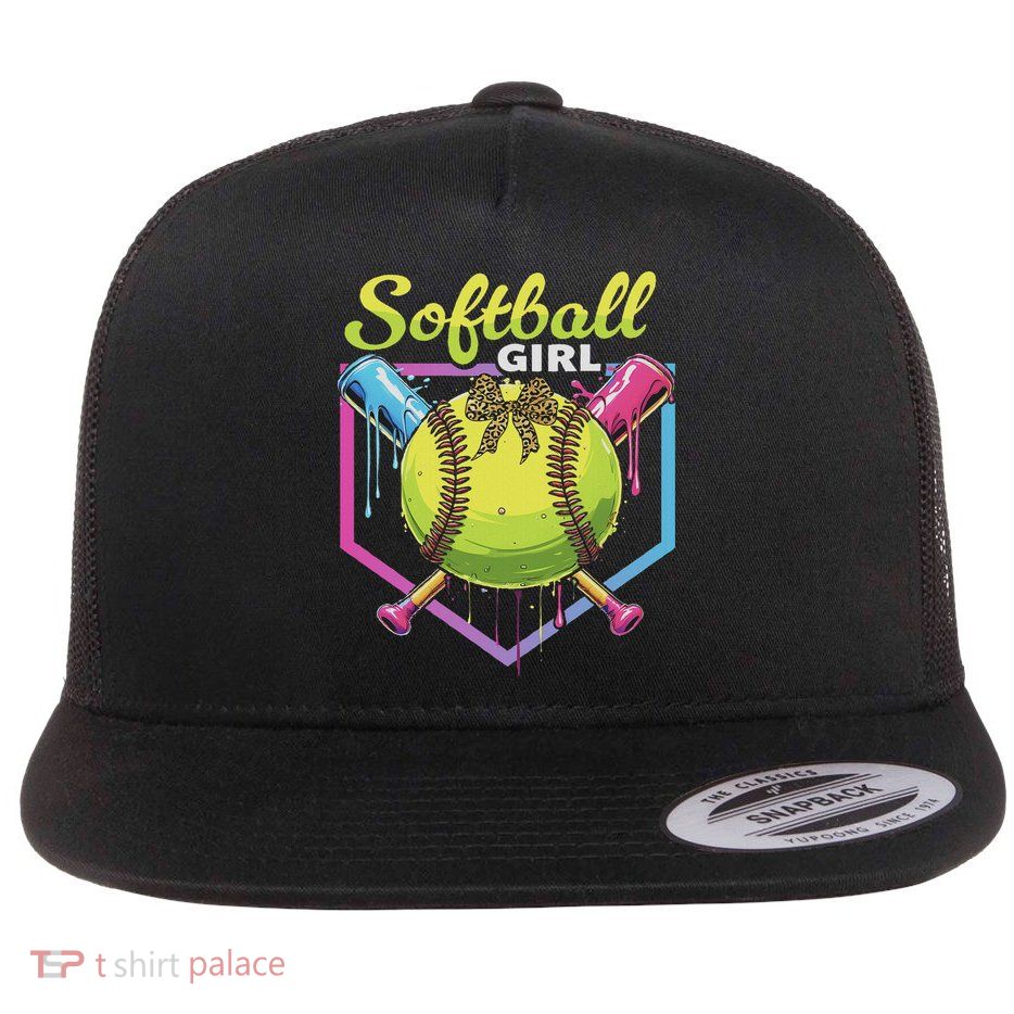 Softball Drip Ice Cream Drip Softball Girl Bow Flatbill Hat
