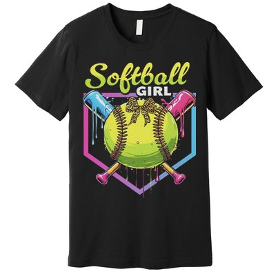 Softball Drip Ice Cream Drip Softball Girl Bow Premium T-Shirt