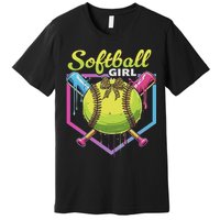 Softball Drip Ice Cream Drip Softball Girl Bow Premium T-Shirt