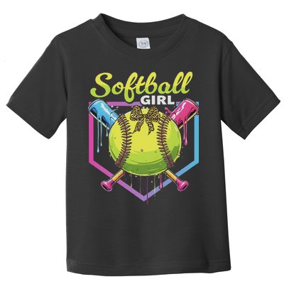 Softball Drip Ice Cream Drip Softball Girl Bow Toddler T-Shirt