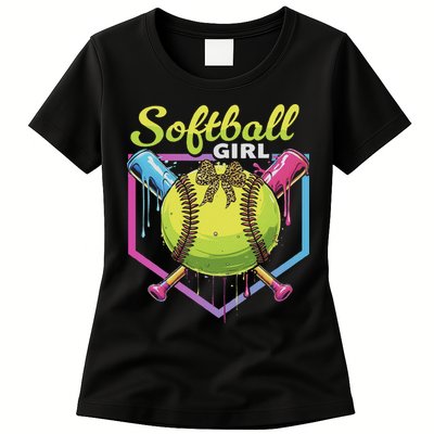 Softball Drip Ice Cream Drip Softball Girl Bow Womens T-Shirt