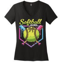 Softball Drip Ice Cream Drip Softball Girl Bow Women's V-Neck T-Shirt