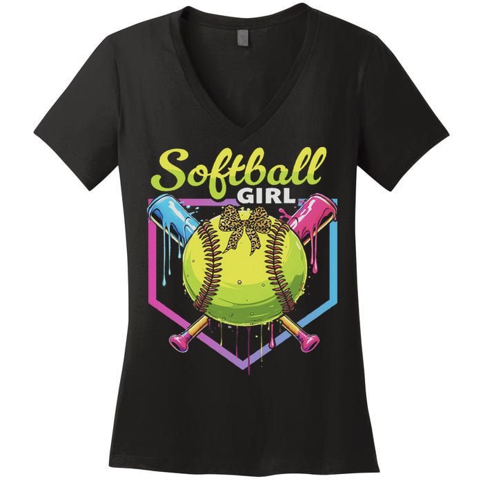 Softball Drip Ice Cream Drip Softball Girl Bow Women's V-Neck T-Shirt