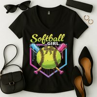 Softball Drip Ice Cream Drip Softball Girl Bow Women's V-Neck T-Shirt