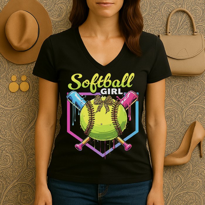 Softball Drip Ice Cream Drip Softball Girl Bow Women's V-Neck T-Shirt