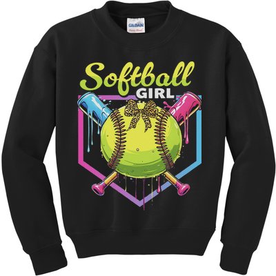 Softball Drip Ice Cream Drip Softball Girl Bow Kids Sweatshirt