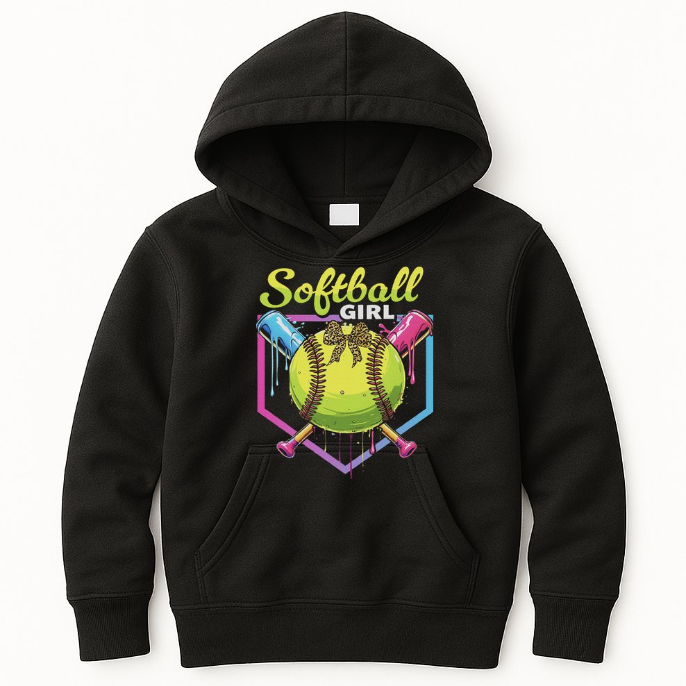Softball Drip Ice Cream Drip Softball Girl Bow Kids Hoodie