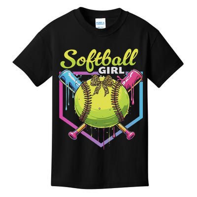 Softball Drip Ice Cream Drip Softball Girl Bow Kids T-Shirt