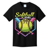 Softball Drip Ice Cream Drip Softball Girl Bow Kids T-Shirt