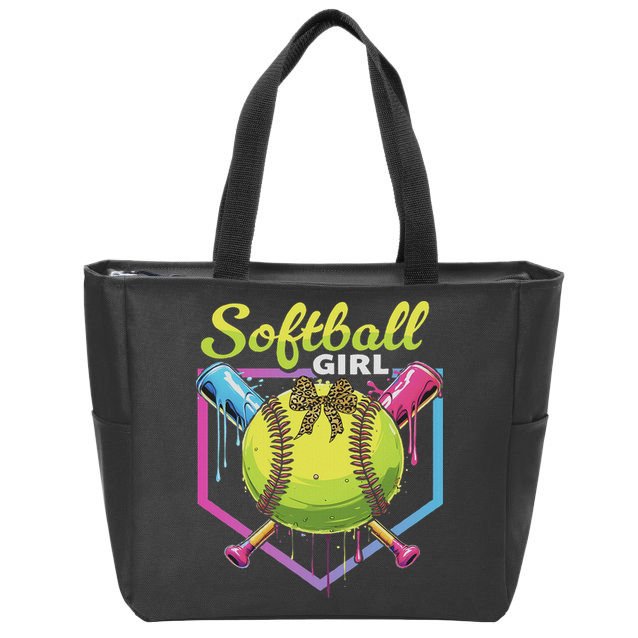 Softball Drip Ice Cream Drip Softball Girl Bow Zip Tote Bag