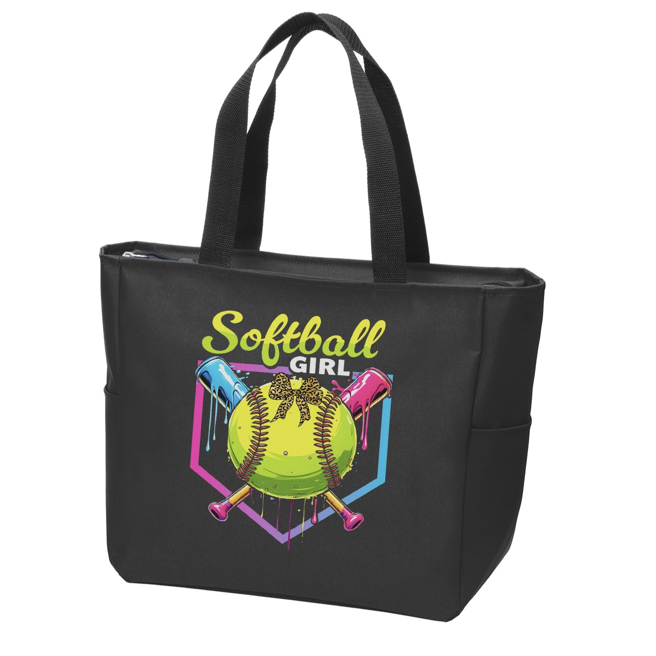 Softball Drip Ice Cream Drip Softball Girl Bow Zip Tote Bag