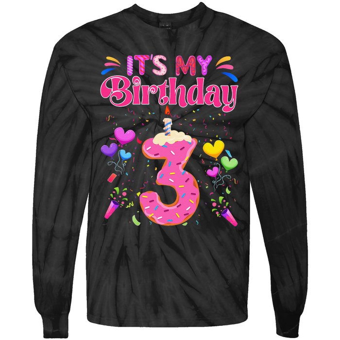 Sweet Donut It's My 3rd Birthday 3 Years Old Funny Tie-Dye Long Sleeve Shirt