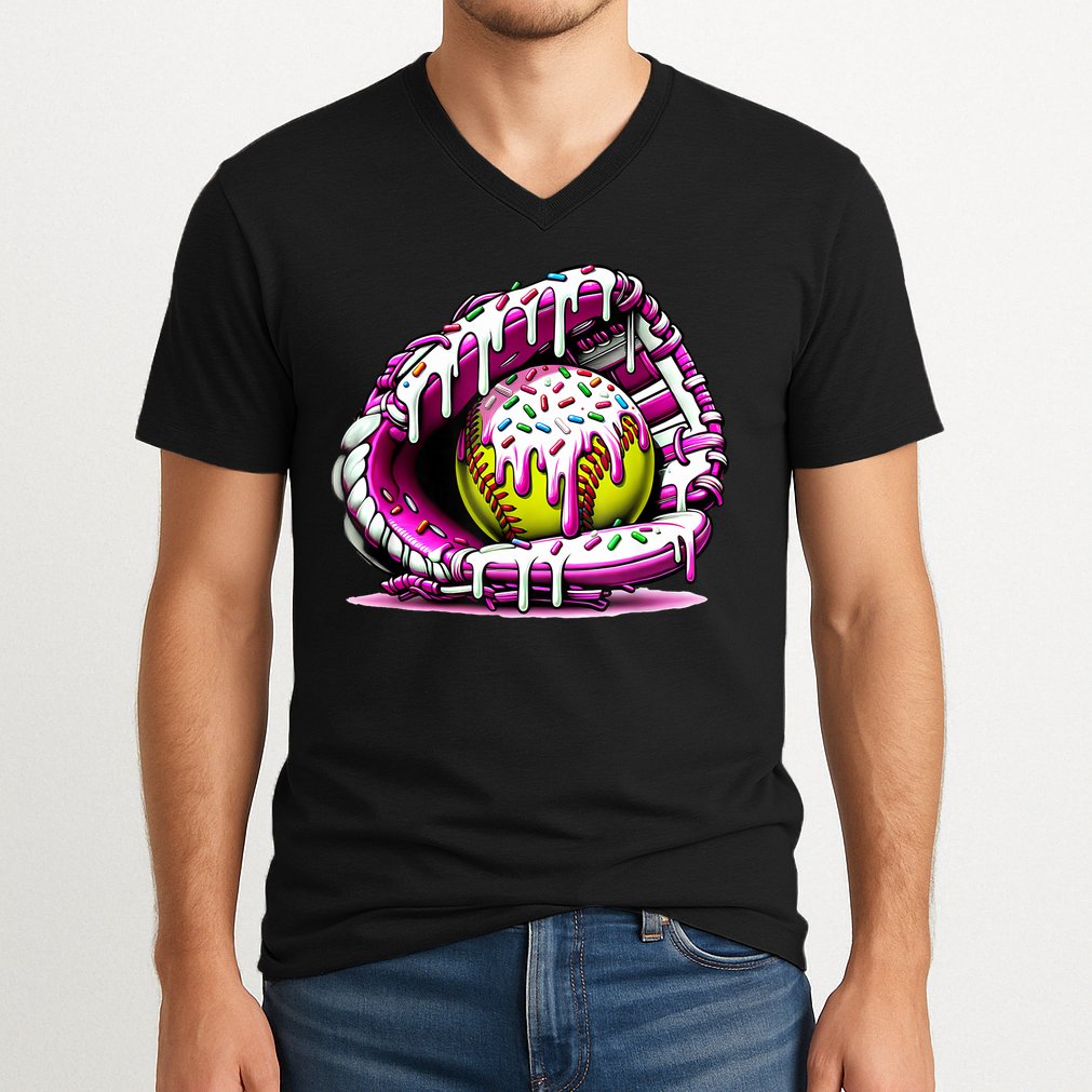 Softball Drip Ice Cream Sprinkles Softball Glove  V-Neck T-Shirt