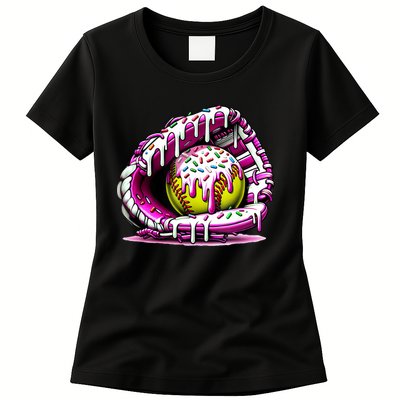 Softball Drip Ice Cream Sprinkles Softball Glove  Womens T-Shirt