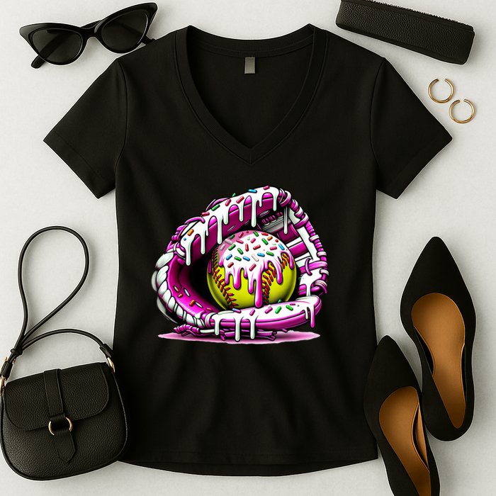 Softball Drip Ice Cream Sprinkles Softball Glove  Women's V-Neck T-Shirt