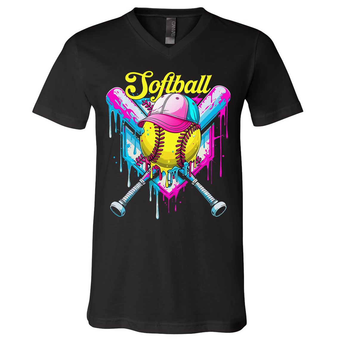 Softball Drip Ice Cream Coquette Bow Softball For V-Neck T-Shirt