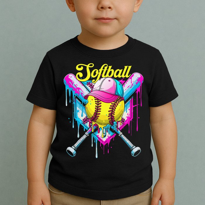 Softball Drip Ice Cream Coquette Bow Softball For Toddler T-Shirt