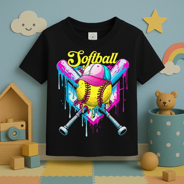 Softball Drip Ice Cream Coquette Bow Softball For Toddler T-Shirt