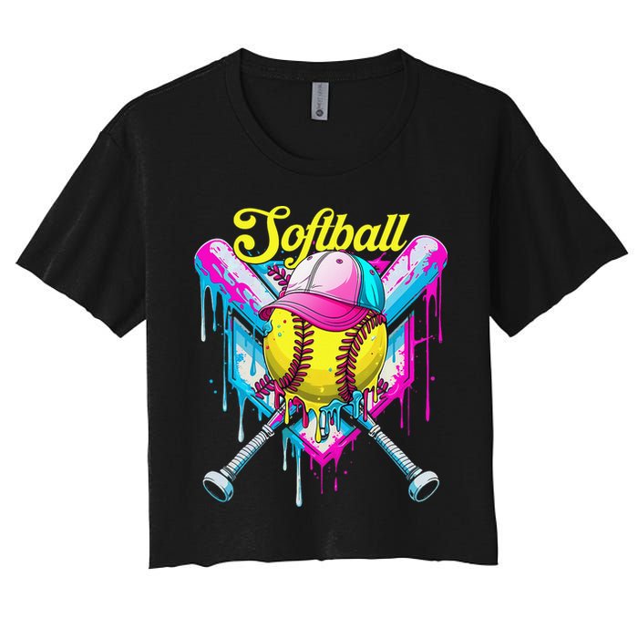 Softball Drip Ice Cream Coquette Bow Softball For Women's Crop Top Tee
