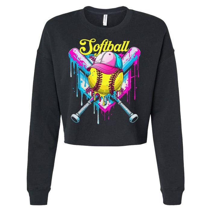 Softball Drip Ice Cream Coquette Bow Softball For Cropped Pullover Crew
