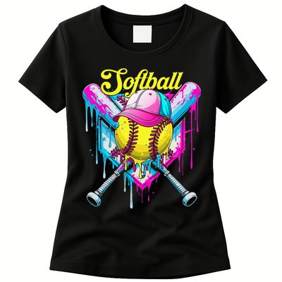 Softball Drip Ice Cream Coquette Bow Softball For Womens T-Shirt